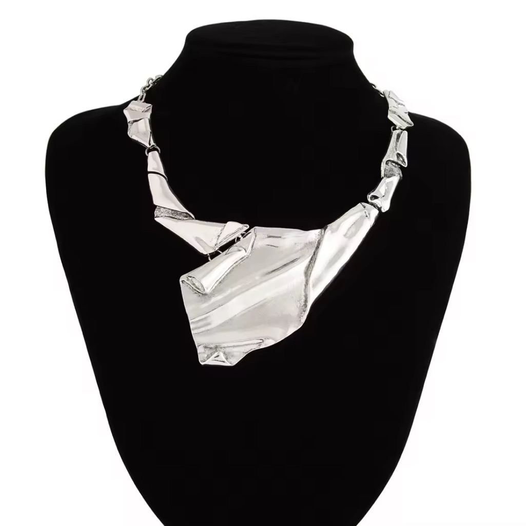 Crumpled Molten Metal Brut Necklace Silver Brutalist Collar Ap23